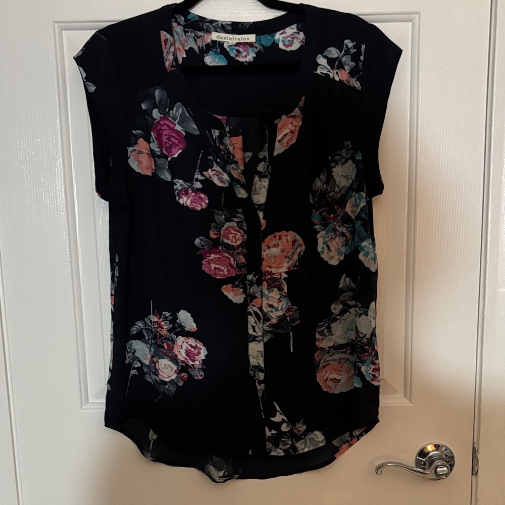 Daniel Rainn Black Floral Tie-Front Blouse with Pink and Blue Accents